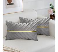 MAIXUN Fundas de Almohada de Sofá Gris Funda de Cojín Oro Terciopelo Decorativo 30x50 cm Suave Cojín Cremallera Oculta para Patio Bar Taburete Silla Aire Libre Sala de Estar Dormitorio Juego de 2