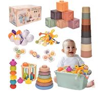 Majabike Juguetes para bebés, juguetes sensoriales Montessoriii de 7 en 1 para niños pequeños, bloques de bebé apilables, anillos de bloques apilables, huevos a juego, giratorio de ventosa, tazas