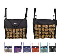Majestic Ally Animal Health - Bolsa de heno para caballos, agujeros de 2.5 pulgadas, carga superior, comedero de viaje, reduce los residuos, varios colores (negro-negro)