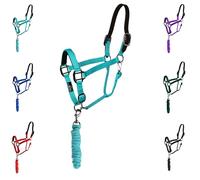 Majestic Ally - Cabestro de Cuero con Cuerda de Plomo a Juego para Caballos, Corona de Piel separada-Correa Ajustable para la Barbilla-Completo (Turquesa Negro níquel, Completo)
