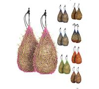 Majestic Ally Red de heno de alimentación lenta de 106.7 cm para caballos, agujeros pequeños fuertes de 5x5 cm, cuerda de nailon para colgar, simula pastoreo, reduce los residuos (rosa)