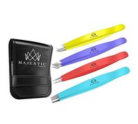 Majestic Bombay Juego de Pinzas de 4 Piezas, Punta Inclinada de Acero Inoxidable + Juego de Pinzas para Cejas Puntiagudas, depilación Facial de precisión, Cejas, astillas, (Multicolor)