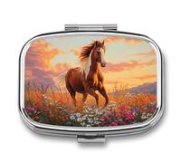 Majestic Horse Field of Wildflowers - Pastillero portátil con 2 compartimentos, organizador de pastillas de viaje para bolso de bolsillo