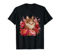 Majestic Maine Coon Gato con Rosas Peonías Camiseta