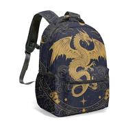 Majestic - Mochila de dragón dorado con diseño de estrellas celestiales, azul marino, fantasía, místico, de 40,6 cm, con alas en toda la superficie, 01., L, Casual