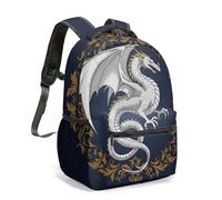 Majestic - Mochila de dragón dorado con diseño de estrellas celestiales, azul marino, fantasía, místico, de 40,6 cm, con alas en toda la superficie, 05., L, Casual