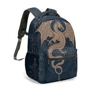 Majestic - Mochila de dragón dorado con diseño de estrellas celestiales, azul marino, fantasía, místico, de 40,6 cm, con alas en toda la superficie, 06., L, Casual