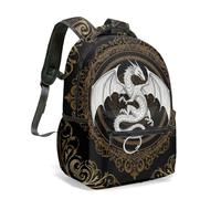 Majestic - Mochila de dragón dorado con diseño de estrellas celestiales, azul marino, fantasía, místico, de 40,6 cm, con alas en toda la superficie, 04., L, Casual
