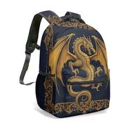 Majestic - Mochila de dragón dorado con diseño de estrellas celestiales, azul marino, fantasía, místico, de 40,6 cm, con alas en toda la superficie, 03., L, Casual