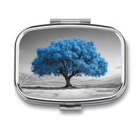 Majestic - Pastillero portátil con 2 compartimentos, diseño de árbol azul con hojas, color blanco y negro, organizador de pastillas de viaje para bolso de bolsillo