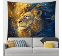 Majestic - Tapiz decorativo de león, bohemio dorado y azul, para colgar en la pared, tapices de animales salvajes estéticos para sala de estar, dormitorio, decoración del hogar, 101 x 152 cm