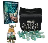 Majestic's Runas Celtas Vikingas Aventurina Verde, Juego de 25 Piedras Brillantes semipreciosas grabadas (2 cm x 1 cm) + Bolsa Negra + Libro práctico (PDF) - Alfabeto rúnico Futhark para adivinación