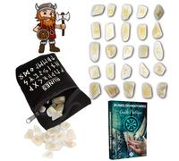 Majestic's Runes - Pack de 25 runas de piedra de luna natural grabadas (2 cm x 1 cm) + bolsa negra + libro práctico (PDF) - Alfabeto rúnica Futhark perfecto para adivinación, visión