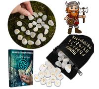 Majestic's Runes - Pack de 25 runas de piedras naturales de cristal de roca, cuarzo blanco grabadas (2 cm x 1 cm) + bolsa negra + libro práctico (PDF) - Adivinación, Voyance