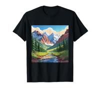 Majestuoso Mountain Valley Art Snowy Peaks Pine Tree Stream Camiseta