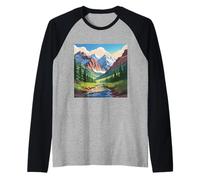 Majestuoso Mountain Valley Art Snowy Peaks Pine Tree Stream Camiseta Manga Raglan