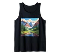 Majestuoso Mountain Valley Art Snowy Peaks Pine Tree Stream Camiseta sin Mangas