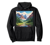 Majestuoso Mountain Valley Art Snowy Peaks Pine Tree Stream Sudadera con Capucha
