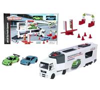 Majorette- Camión Porsche Experience 27cm, Incluye 2 Coches de Metal de 7,5cm, Partes Desplegables y Numerosos Accesorios, Adecuado A Partir de 3 Años, Color (212053304)