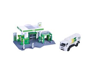 Majorette Petrol Station BP (Incluye Coche de Juguete) - Estación de Servicio de Juguete con Sistema de Lavado, Tienda, pilares de Grifo y Carga y Muchas Funciones, Juego de Coche para niños a Partir