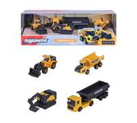 Majorette, Vehículos de construcción Volvo, Giftpack 4 vehículos, Set de 4 vehículos, Metal, Escala 1:64, 7,5 cm, Piezas móviles, Caja Decorada, licencias Oficiales, 3 años (8503105000)