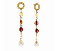 MAJORICA Pendientes Largos de Plata Bañada en Oro 18k con Perlas Blancas y Cristales de Murano Ámbar, 6,3 cm, Colección Algaida - Elegancia Artesanal para Cada Ocasión