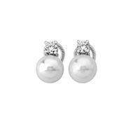 MAJORICA Pendientes Cierre Omega para Mujer con un Diseño Clásico y Elegante, Perla 10mm y Circonita, Pendientes Tú y Yo en Plata Rodiada, Joyas Finas para el Día a Día