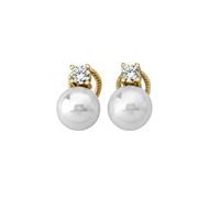 MAJORICA Pendientes Cierre Omega Perla 10mm y Circonita Dorados Selene para mujer con un diseño clásico y elegante, perla redonda blanca de 10 mm, cierre omega en plata bañada en oro de 18k.