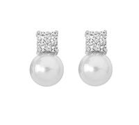MAJORICA Pendientes de Perla 10mm y Circonitas Selene para Mujer con un Diseño Clásico y Elegante, Cierre Omega, Plata Rodiada, Joyas Finas para el Día a Día.