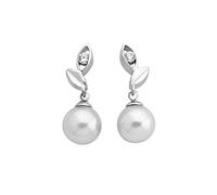 MAJORICA Pendientes Hojas con Perla 8mm y Circonita Selene para mujer con un diseño clásico y elegante, cortos con pincho, en plata rodiada, ideales para el día a día.