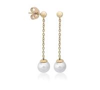 MAJORICA Pendientes Largos de Perla 8mm Dorados Ilusion para Mujer con un Diseño Clásico y Elegante, Cierre de Pincho en Plata Bañada en Oro de 18k, Perla Redonda Blanca de 8mm.