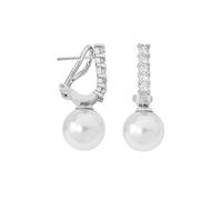 MAJORICA Pendientes Lilit Omega para mujer con un diseño clásico y elegante, 12mm perlas redondas blancas y circonitas, cierre de pincho en plata rodiada, joyería de lujo.