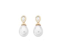 MAJORICA Pendientes Perla 8x10mm y Circonita Dorados para Mujer con un Diseño Clásico y Elegante, Cierre de Pincho en Plata Bañada en Oro de 18k, Joyas Finas para el Día a Día.