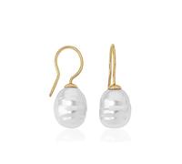 MAJORICA Pendientes Perla Barroca 12mm para mujer con un diseño clásico y elegante, largos con gancho en plata bañada en oro de 18k, perlas barrocas blancas de 12mm, joyas románticas.