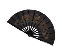 MAJORMENCH Abanico de Mano Plegable de Tela Oriental para Artes Marciales, Abanico Chino de Kung Fu y Tai Chi 12 Varillas de Bambú Negro y Diseño Doble Dragón Dorado, Accesorio para Práctica