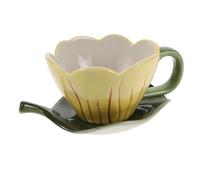 MAJORMENCH Juego de Taza de Café de Cerámica con Forma de Tulipán y Platillo Pintado a Mano de 320ml con Asa Ergonómica Resistente al Calor para Hogar y Oficina