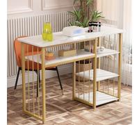 Makamsui Escritorio de uñas, mesa de manicura, escritorio de manicura con textura de mármol con múltiples estantes abiertos, estación de trabajo de salón de spa, escritorios técnicos para salón de
