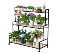 Makamsui Soporte rústico para plantas con ruedas, estante de escalera para plantas de 3 niveles, estante rodante para plantas para interiores y exteriores, estante de metal con estante de madera