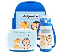 makana | Pack Vuelta al Cole Personalizado Jirafa y León Azul - Mochila Infantil + Fiambrera 2 Compartimentos + Botella 600 ml - Libre de BPA - Guardería, Colegio y Extraescolares
