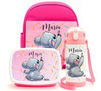 makana | Pack Vuelta al Cole Personalizado Koala Rosa - Mochila Infantil + Fiambrera 2 Compartimentos + Botella 600 ml - Libre de BPA - Guardería, Colegio y Extraescolares
