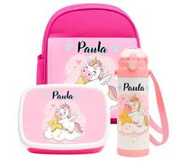 makana | Pack Vuelta al Cole Personalizado Unicornio Rosa - Mochila Infantil + Fiambrera 2 Compartimentos + Botella 600 ml - Libre de BPA - Guardería, Colegio y Extraescolares