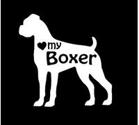 Makarios LLC Calcomanía de vinilo con texto en inglés "Pets Dogs Love My Boxer", para coches, camiones, furgonetas, paredes, laptop, MKR294, blanco, 5.5 x 5.5