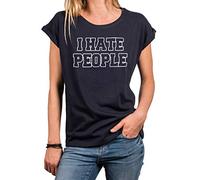 MAKAYA Camiseta con Frases Originales Mujer - Mensaje Graciosa Divertida Feninista - T-Shirt I Hate People Top Talla Grande Azul Chica M