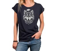 MAKAYA Camiseta de Mujer con Diseño de Lobo Manga Corta Top Estilo Perro Cabeza de Lobo Luna T-Shirt de Lobo Perros Azul L