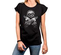 MAKAYA Camiseta de Mujer Orignal Talla Grande - Perezoso T-Shirt Negra Top Divertida Graciosa Wolverine Perzea Chica XXXL