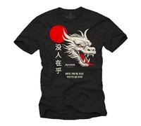MAKAYA Camiseta Dragón Símbolo Japon Dibujo Japonesa Mensaje Gracioso T-Shirt Vintage Regalos Hombre Ninos Negra L