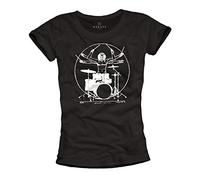 MAKAYA Camiseta Drums para Mujer - Drummer Vitruvian - Vintage T-Shirt Musica Batería Top Negra Talla L