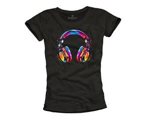 MAKAYA Camiseta Hip Hop para Niñas Música Queen Auriculares Motivo Mujeres Top Verano T-Shirt Negro M
