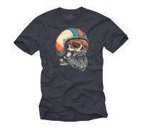 MAKAYA Camiseta Hombre Moto - Calavera con Barba y Casco diseño Biker Retro - algodón 100% Vintage para Fans de Motocicletas y Rock - Regalo para Chicos Hombres y niños Moteros Gris Azulado L
