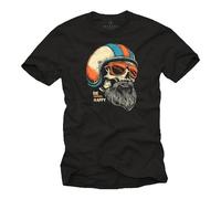 MAKAYA Camiseta Hombre Moto - Calavera con Barba y Casco diseño Biker Retro - algodón 100% Vintage para Fans de Motocicletas y Rock - Regalo para Chicos Hombres y niños Moteros Negro L